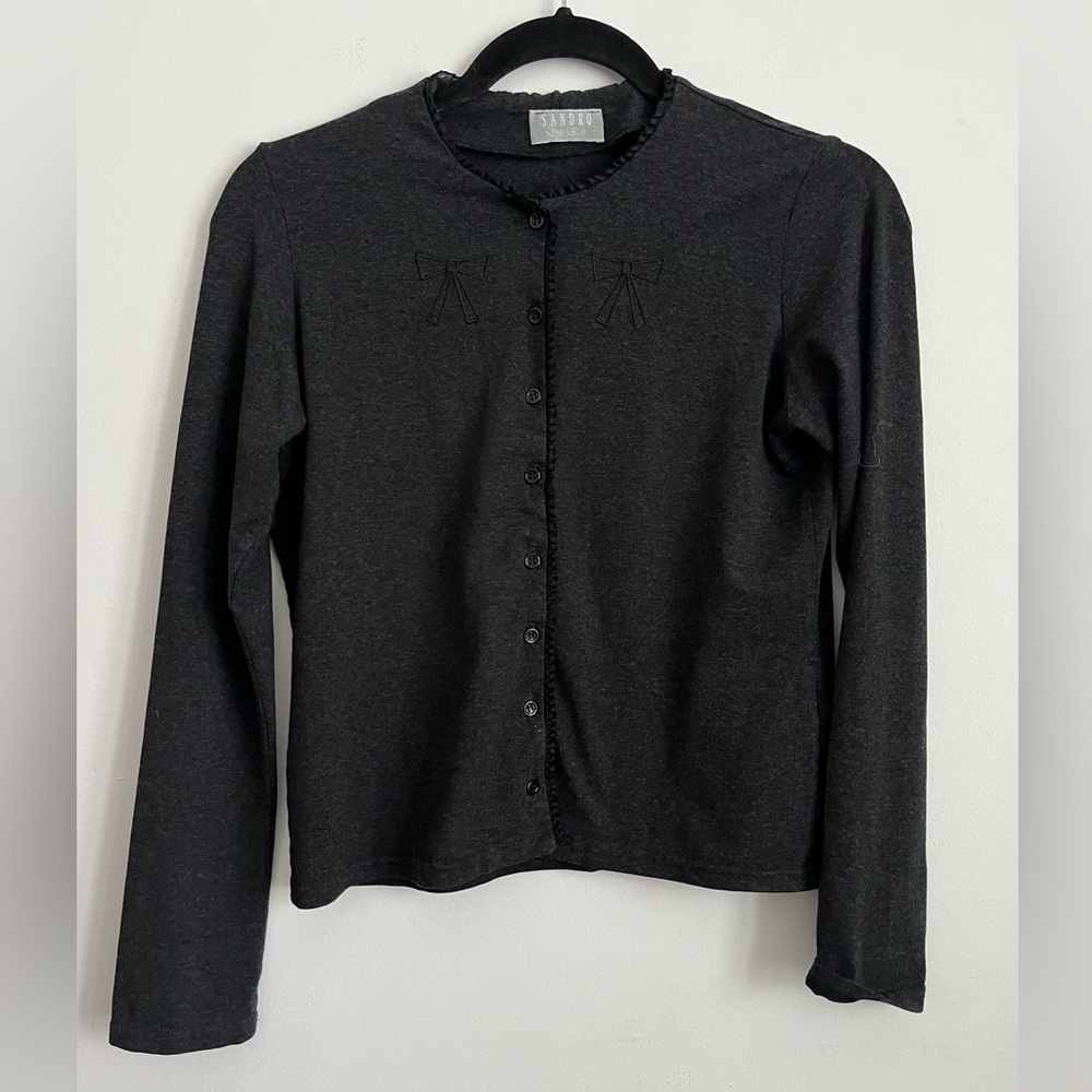 Sandro Women Vintage Unique Dark Gray Button-Up Bow Coquette Cardigan S Small